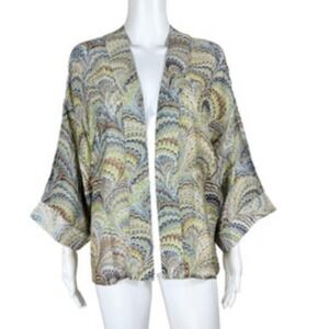 One Hundred Stars Kimono Jacket Marbled Fan Print Viscose Modal Open Front NWT